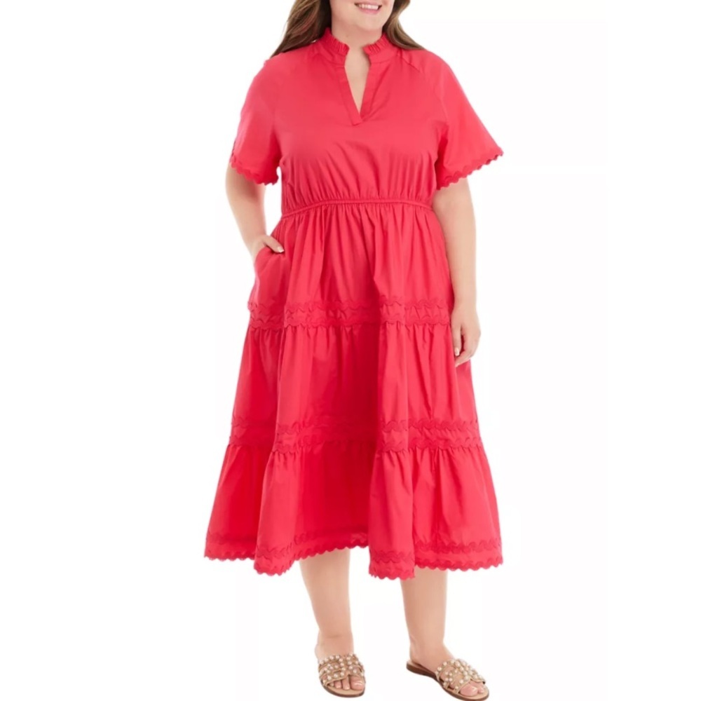 crown & ivy Plus Size Tiered Midi Short Sleeve Dress, Coral Vivid, Size 1X - Picture 1 of 16